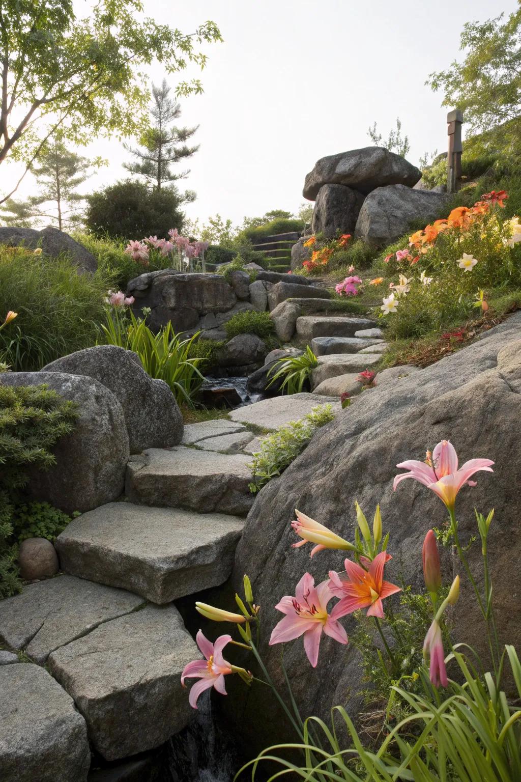 Lilies in a rock garden add texture and interest
