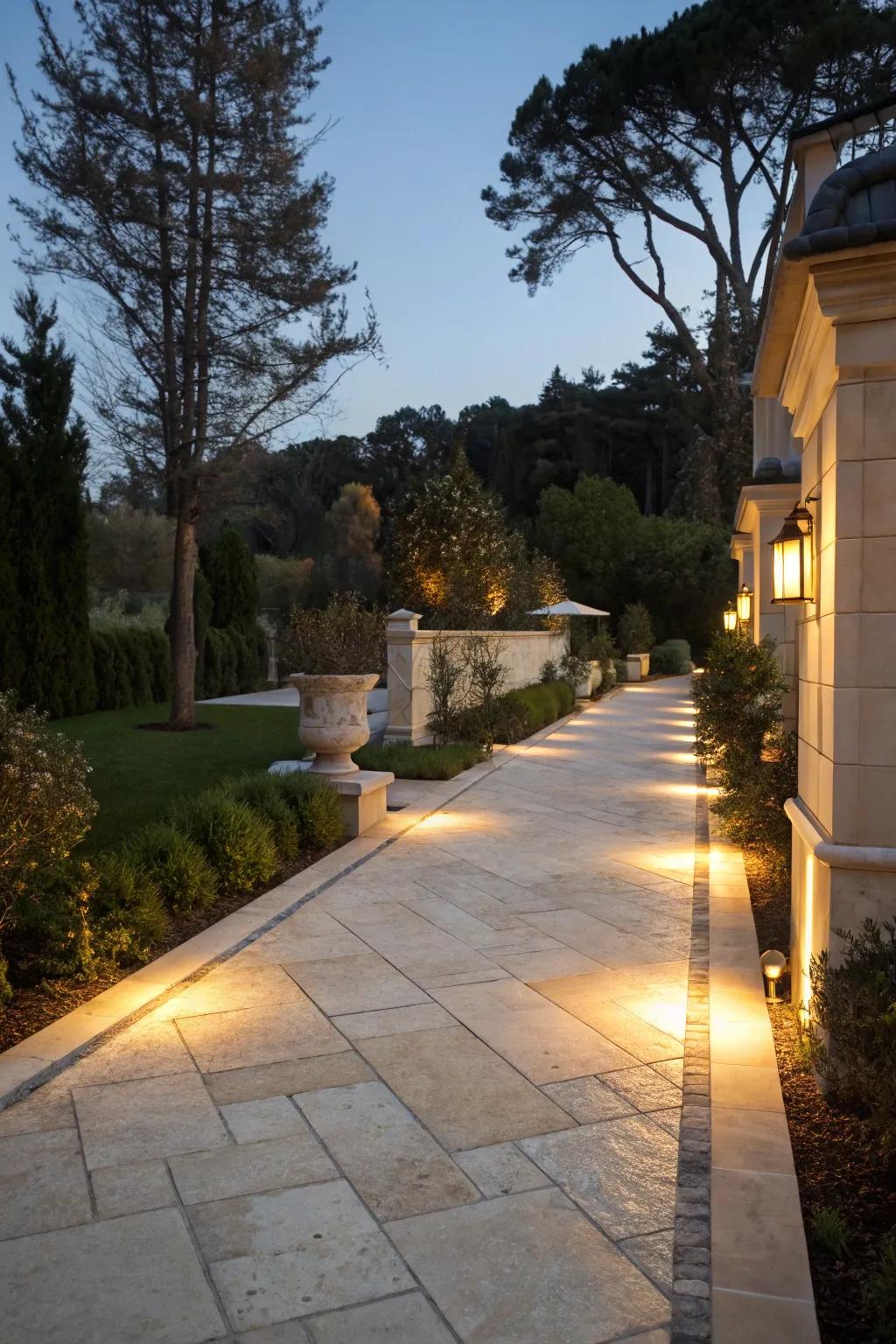 A limestone driveway beautifully illuminated with soft pathway lights.