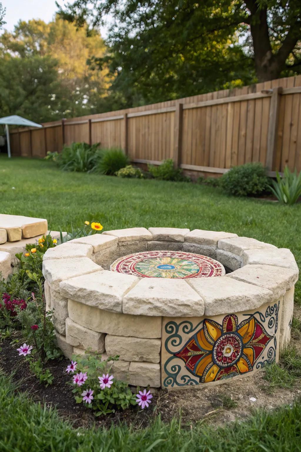 Mosaic inlays add a personal touch to your limestone fire pit.
