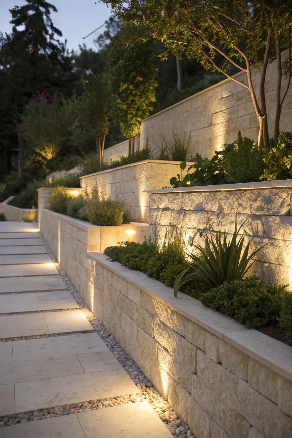 Lighting transforms limestone walls into nighttime spectacles.