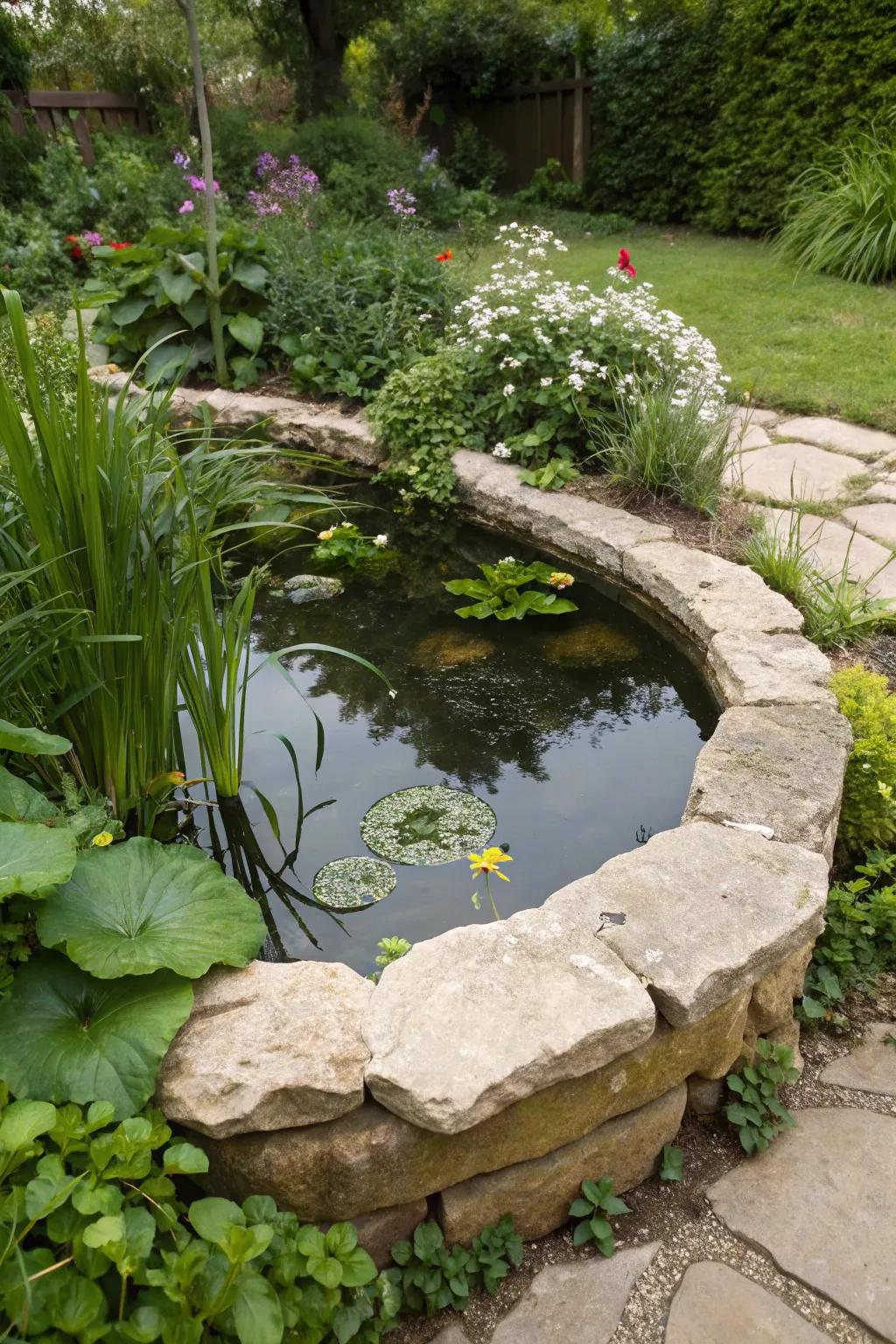Limestone borders beautifully frame this serene garden pond.