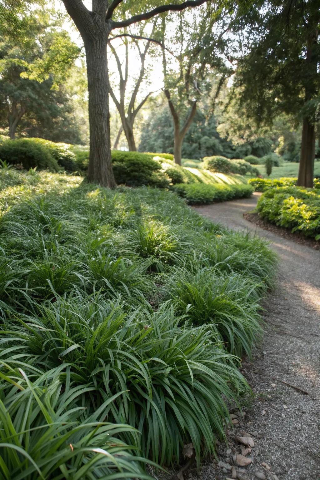 Liriope thriving in a shaded area where grass struggles.