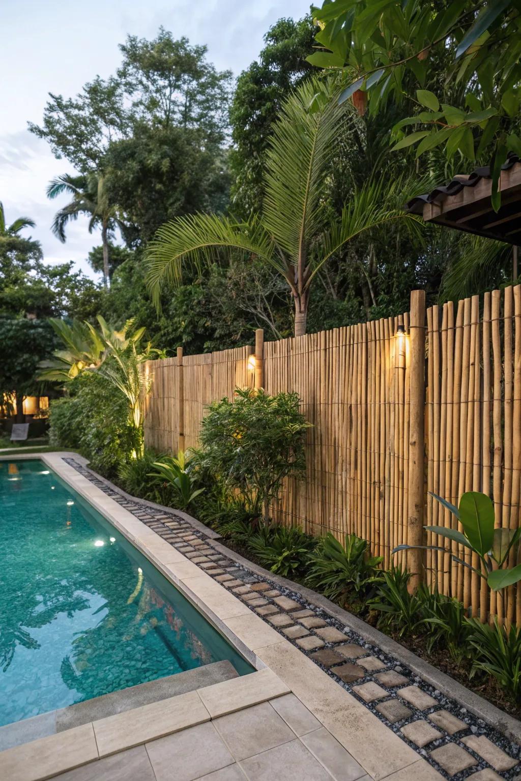 A bamboo fence creating a private and tropical atmosphere around a pool.
