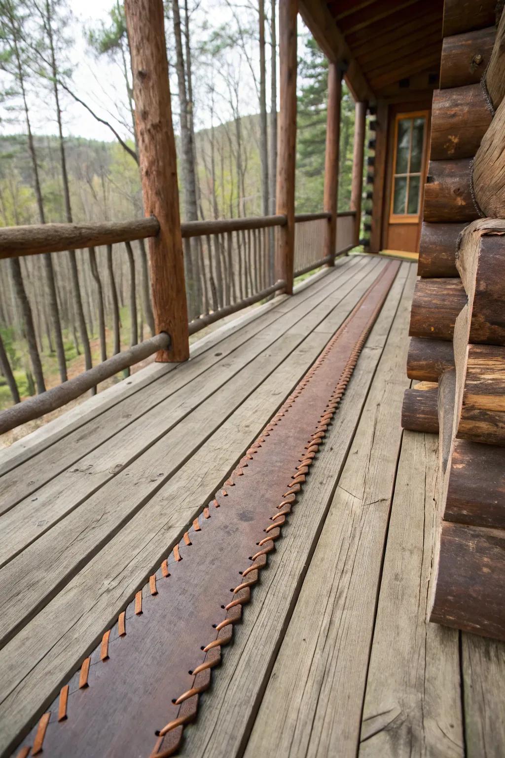 Leather lacing between logs adds texture and warmth to this one-of-a-kind railing.