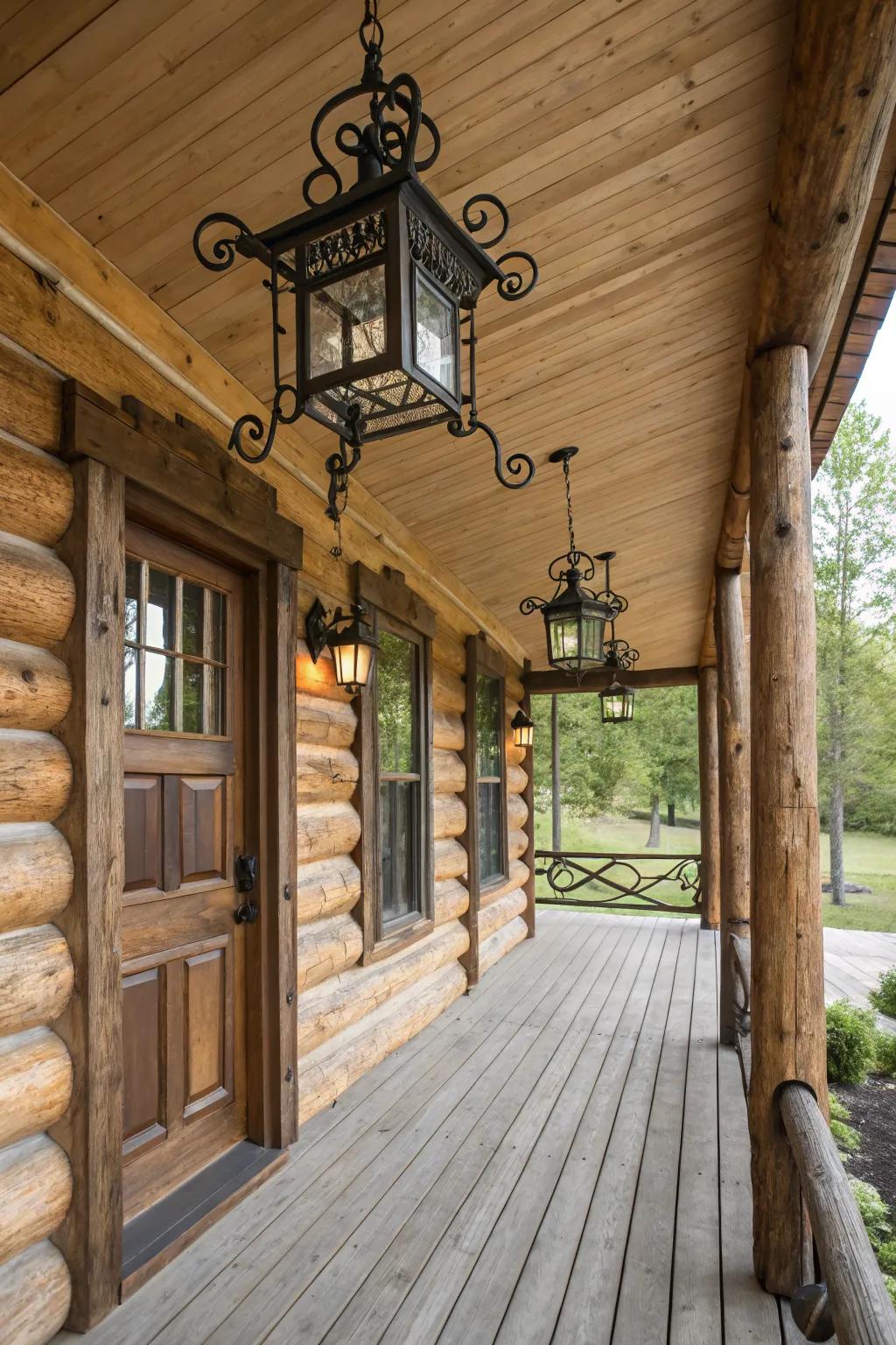 Wrought iron adds elegance and contrast to the porch.