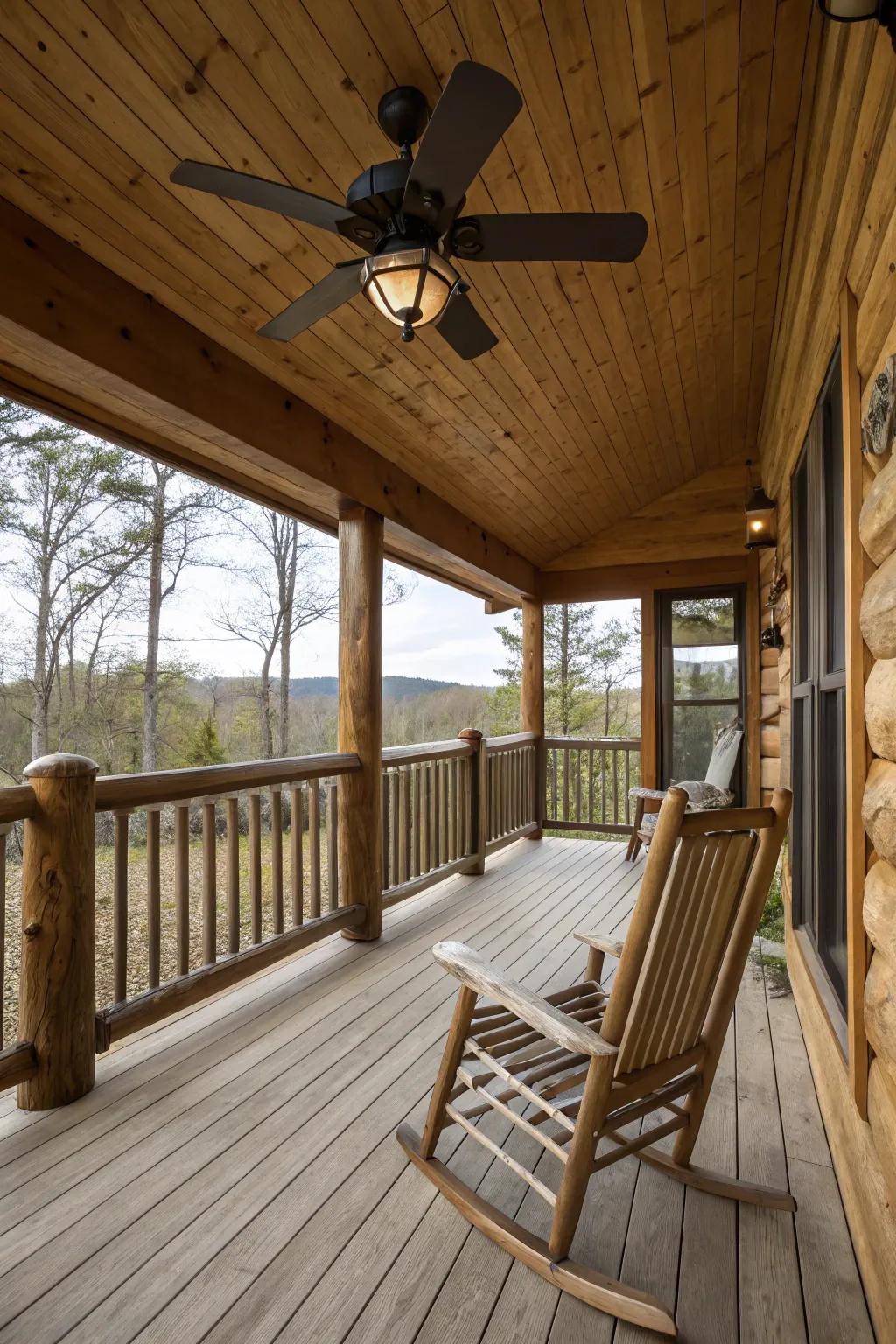A ceiling fan on a log cabin porch, adding both style and functionality to the space.