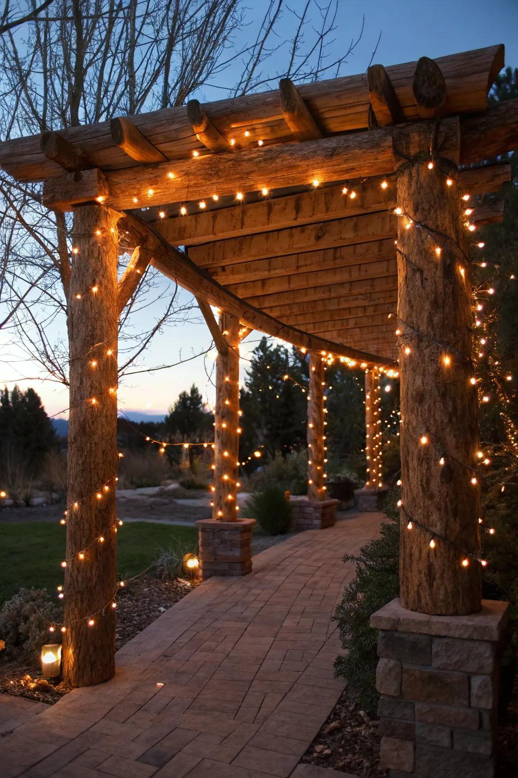 A magical atmosphere created by twinkling lights on a log pergola.