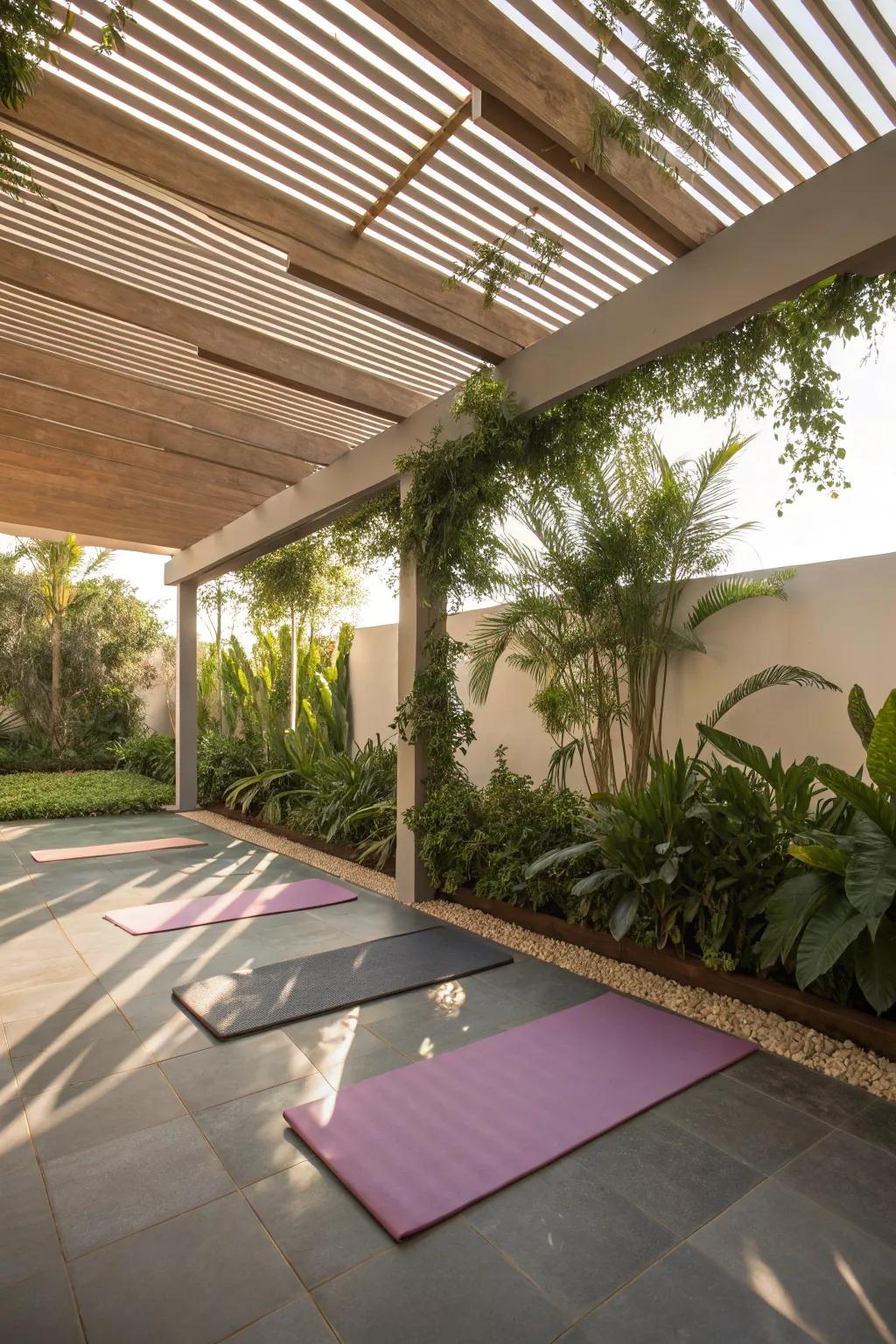 A peaceful meditation area under a louvered cover.