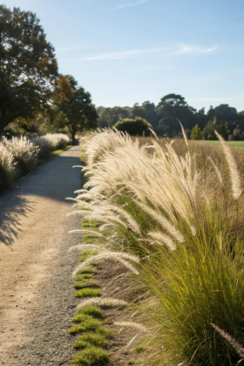 Dwarf fountain grass adds movement with its feathery plumes.