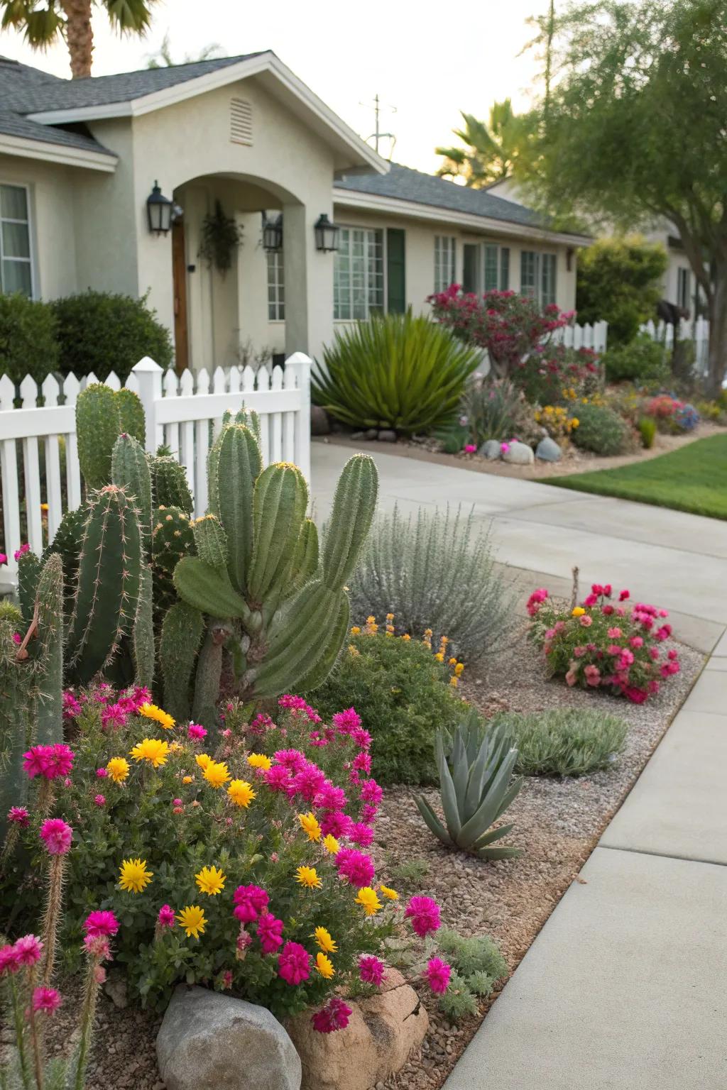 Flowering cacti bringing color and conversation to a low-maintenance front yard.