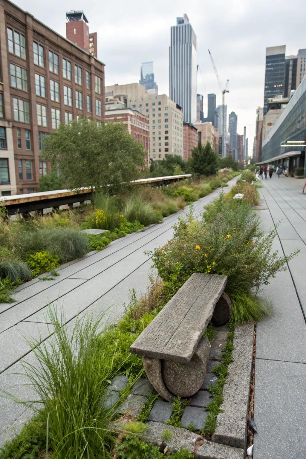 A seating area invites you to enjoy your hellstrip garden up close.