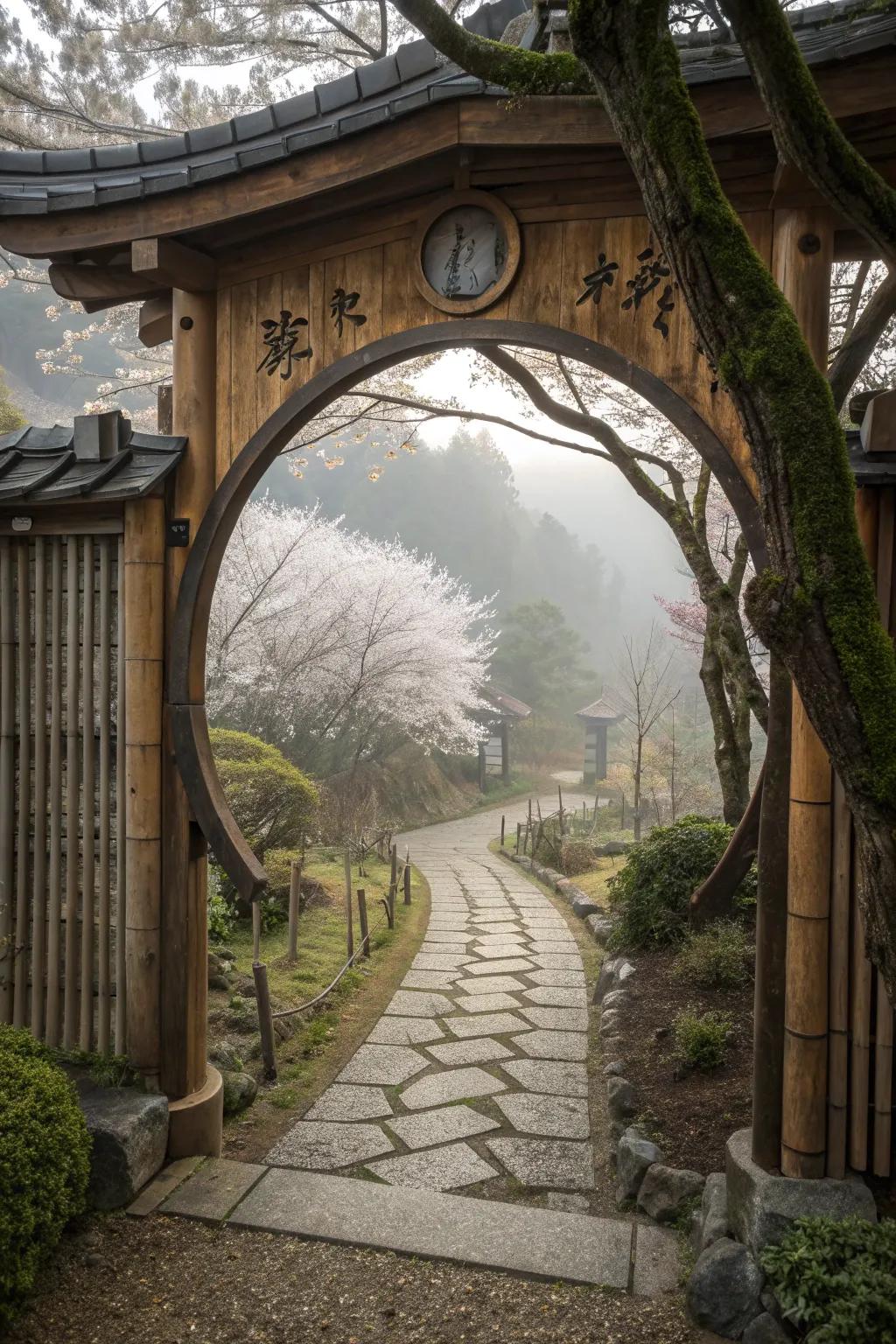 A moon gate adds elegance and frames garden views beautifully.