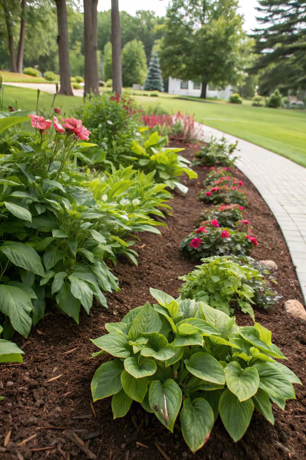 A well-mulched garden bed thriving with minimal care.