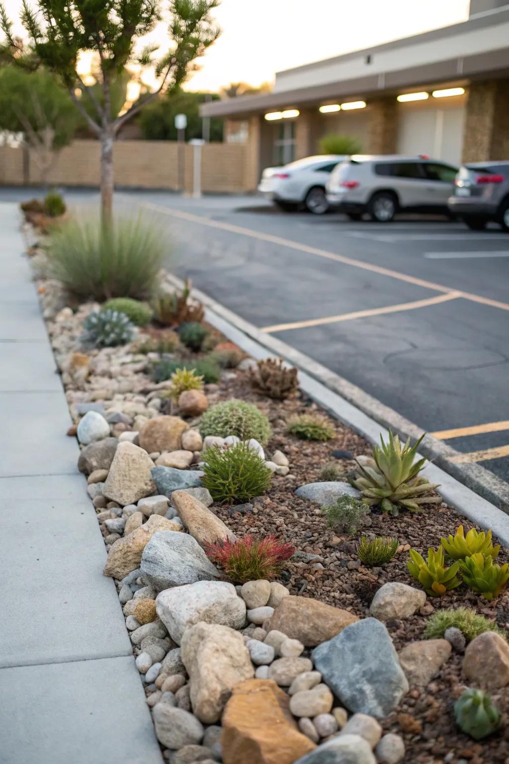 A rock garden provides a striking and sustainable landscape.