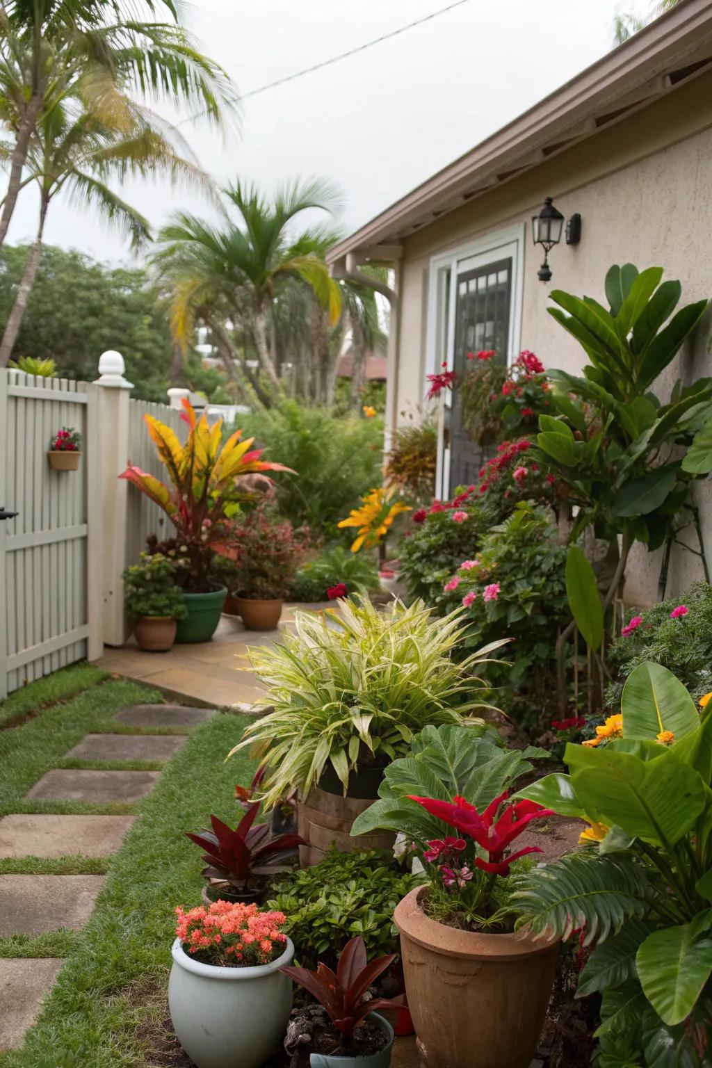Potted tropical plants offer flexibility and color with minimal effort in a front yard.