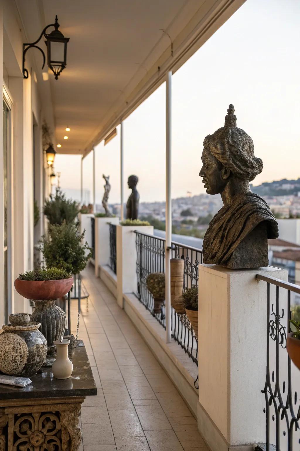 Unique art pieces personalize your balcony space.