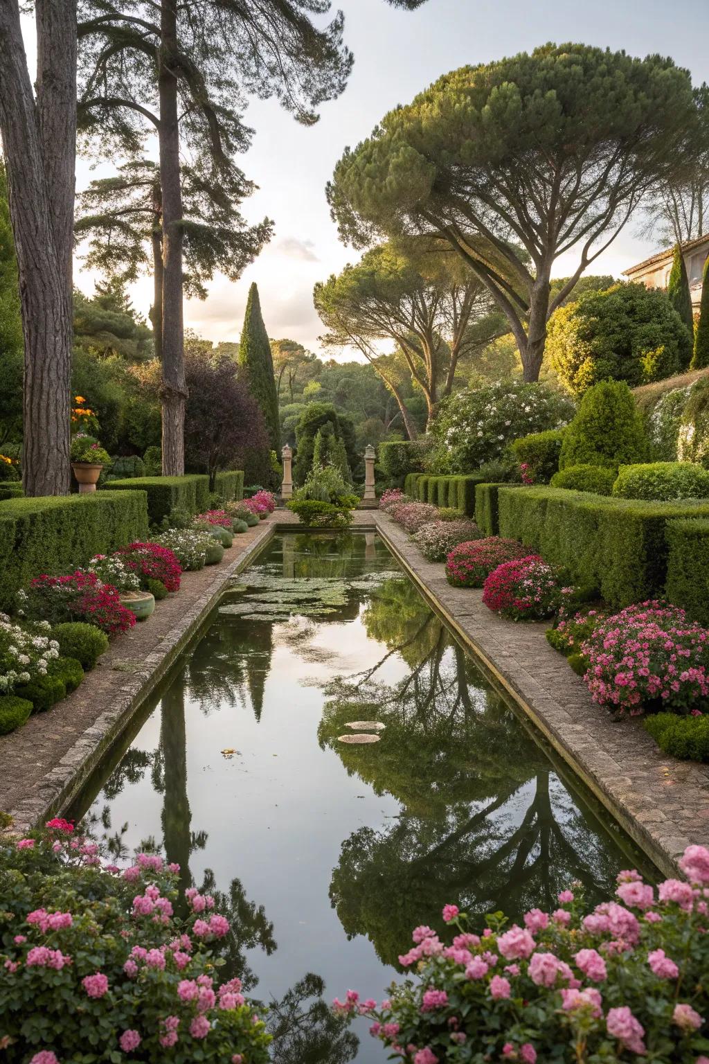 A reflective pond enhancing tranquility in a luxurious garden.