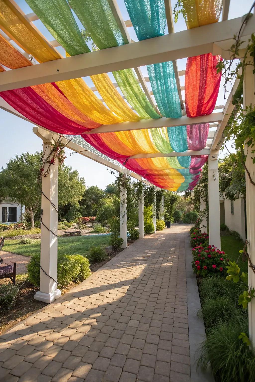 A colorful canopy cover adds a splash of color and style to a pergola.