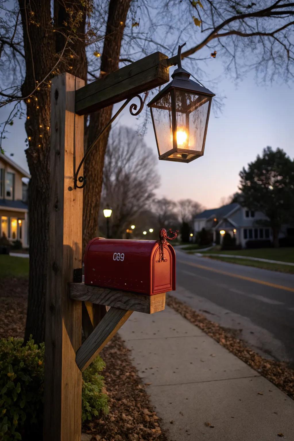 A lantern-lit mailbox stand offers charm and functionality.