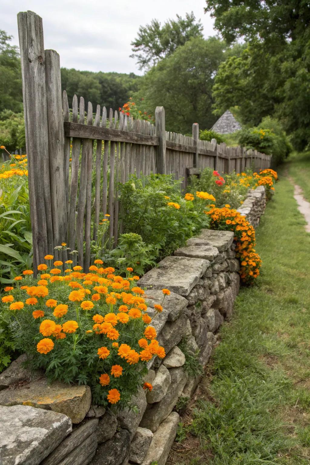 Rustic garden border with marigolds along fences and walls.