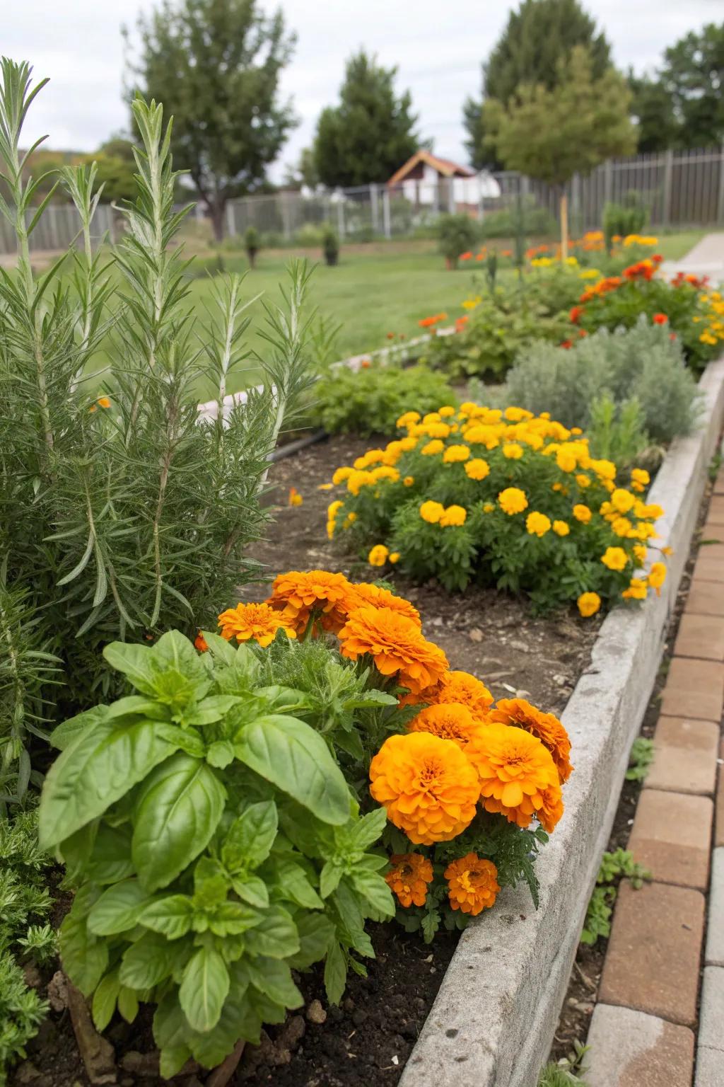 A fragrant garden with marigolds paired with basil and rosemary.