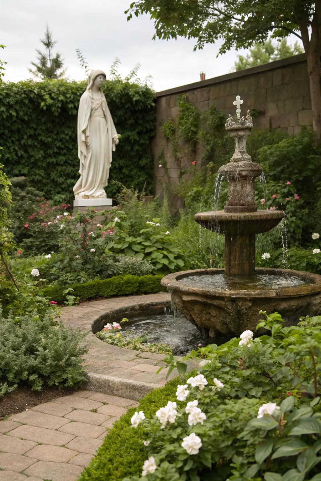 A water feature adds soothing sounds and tranquility to a Mary garden.