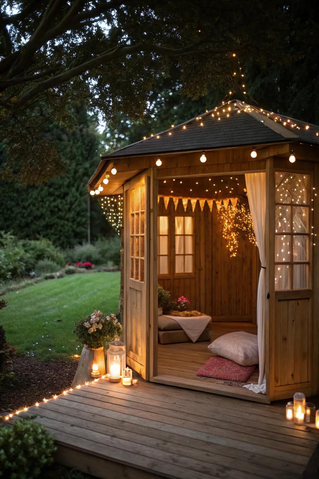 A meditation shed beautifully lit with enchanting fairy lights.