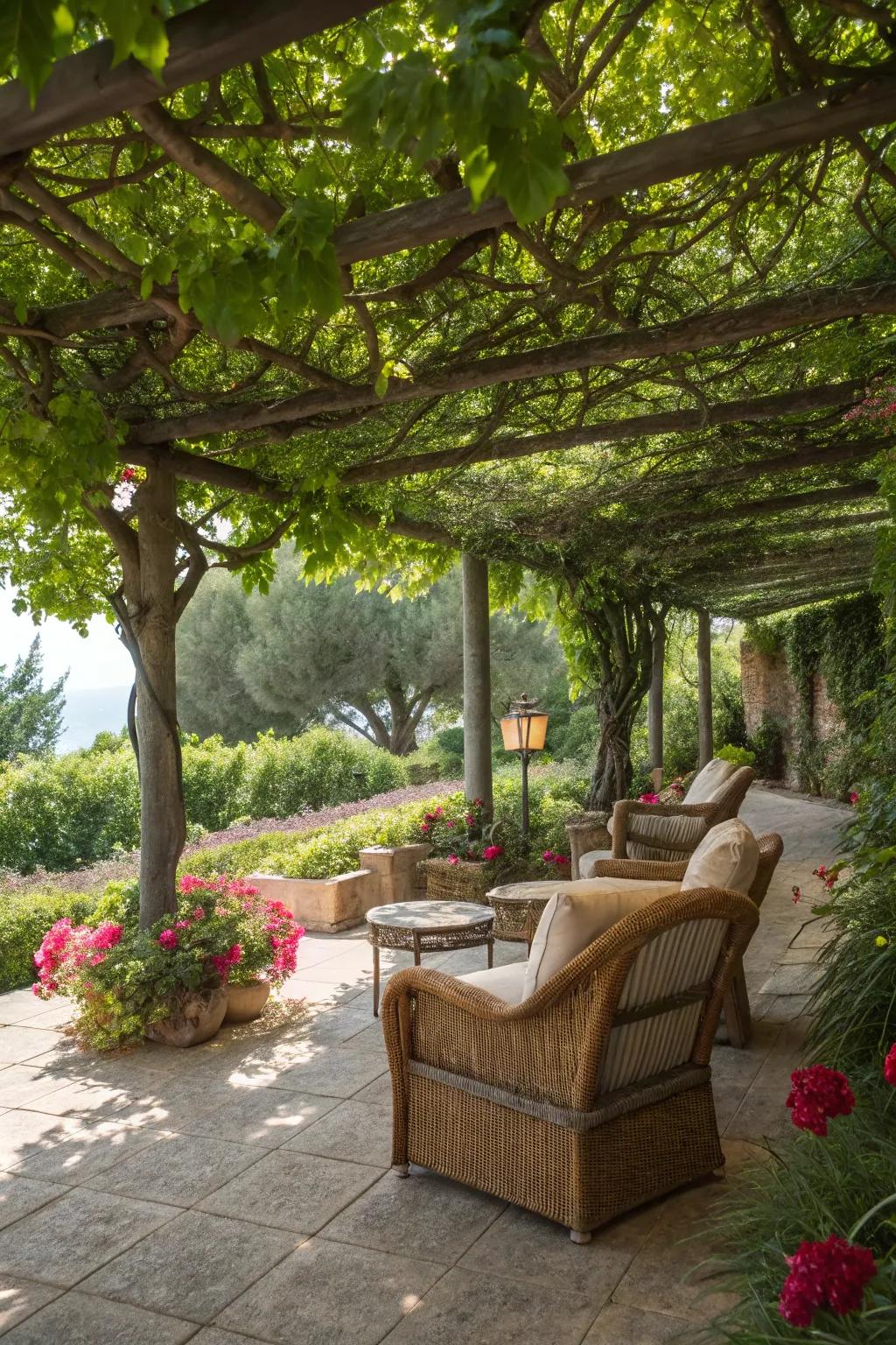 A shaded seating area provides a perfect spot to relax.