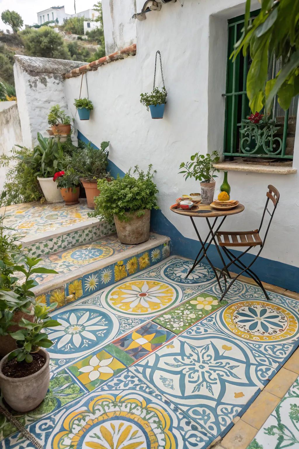 Patterned tiles add a vibrant touch to a Mediterranean patio.
