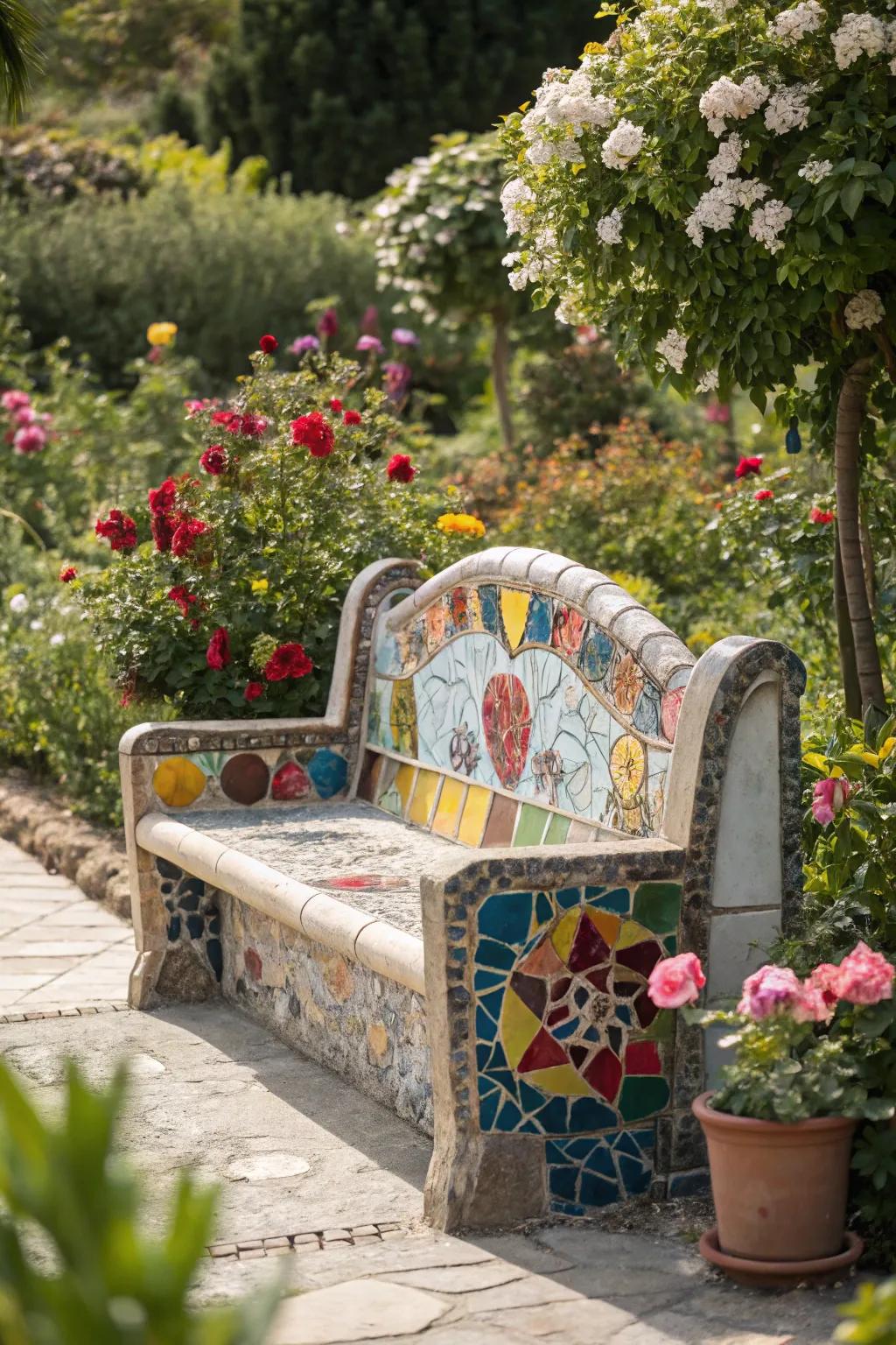 A bench with artistic mosaic tiles adding personal flair.