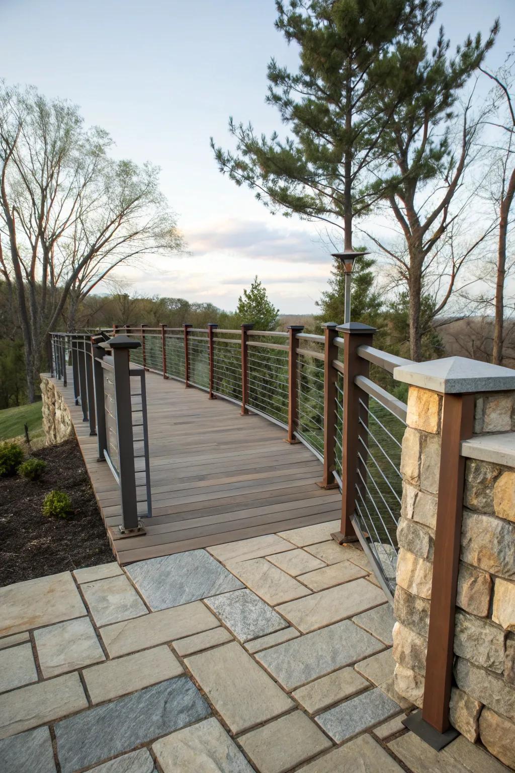 Mixing metal with other textures creates a visually rich deck.