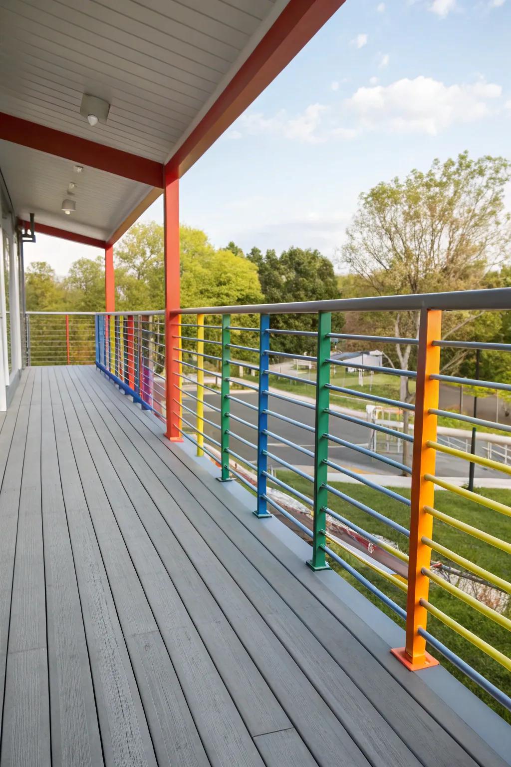 Vibrant powder-coated metal railings for a colorful deck.