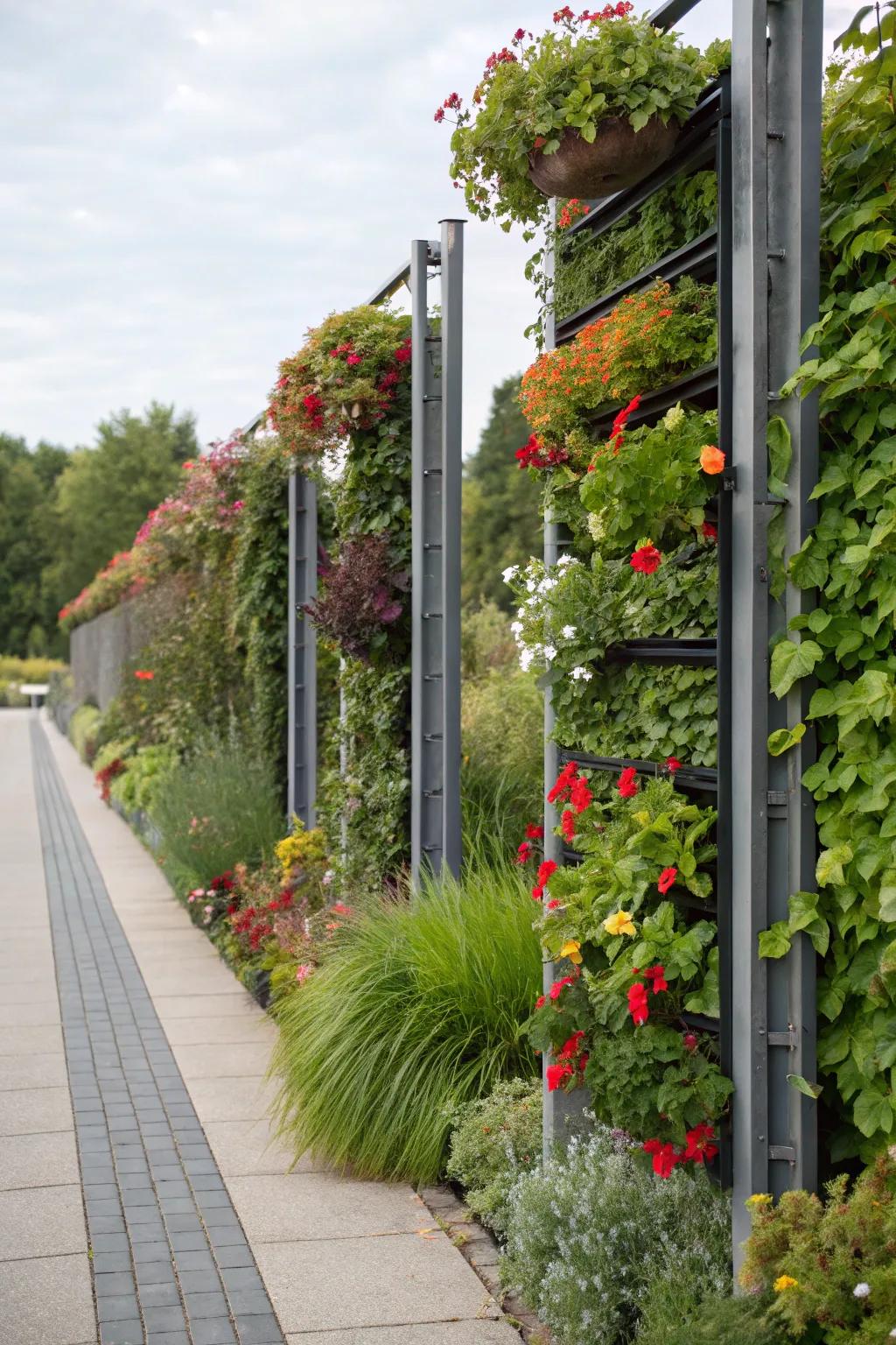 Vibrant garden showcasing a living wall with vertical planters and metal posts.