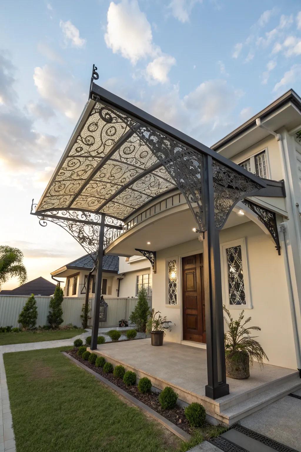 A sculptural awning makes an artistic statement.