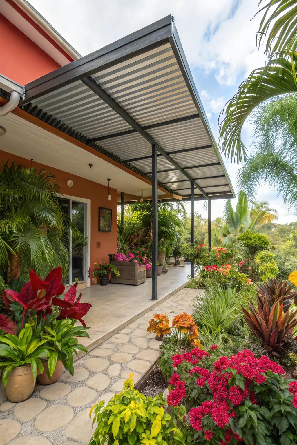 A tropical-themed patio under a protective metal roof.