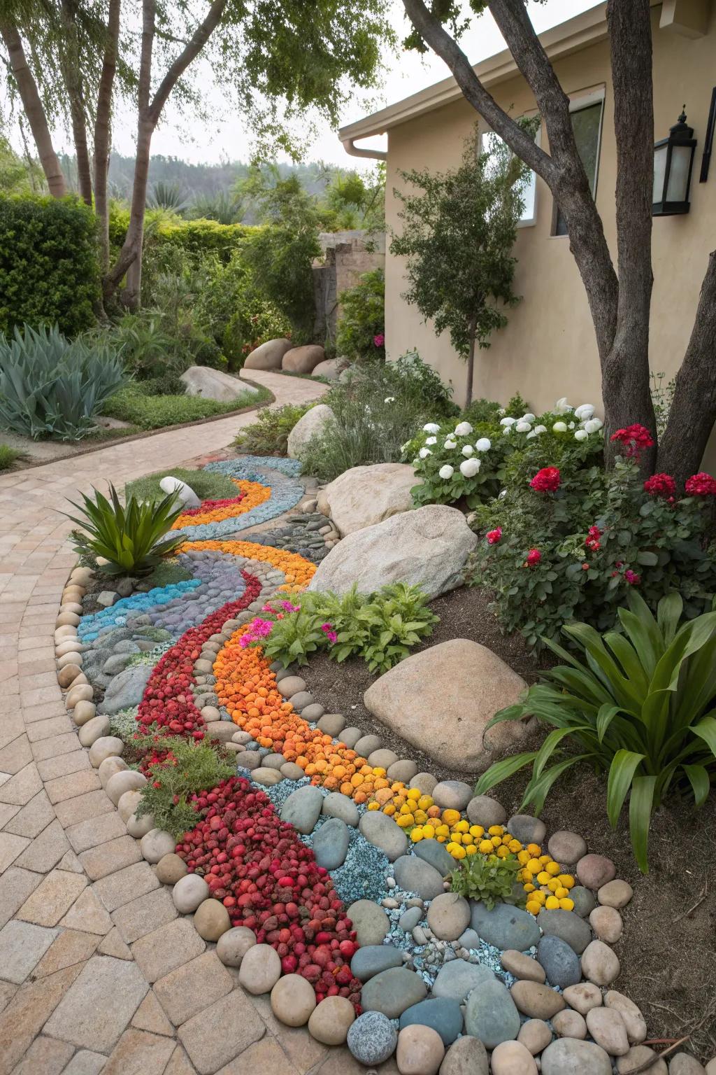 Create depth with contrasting pebble arrangements.