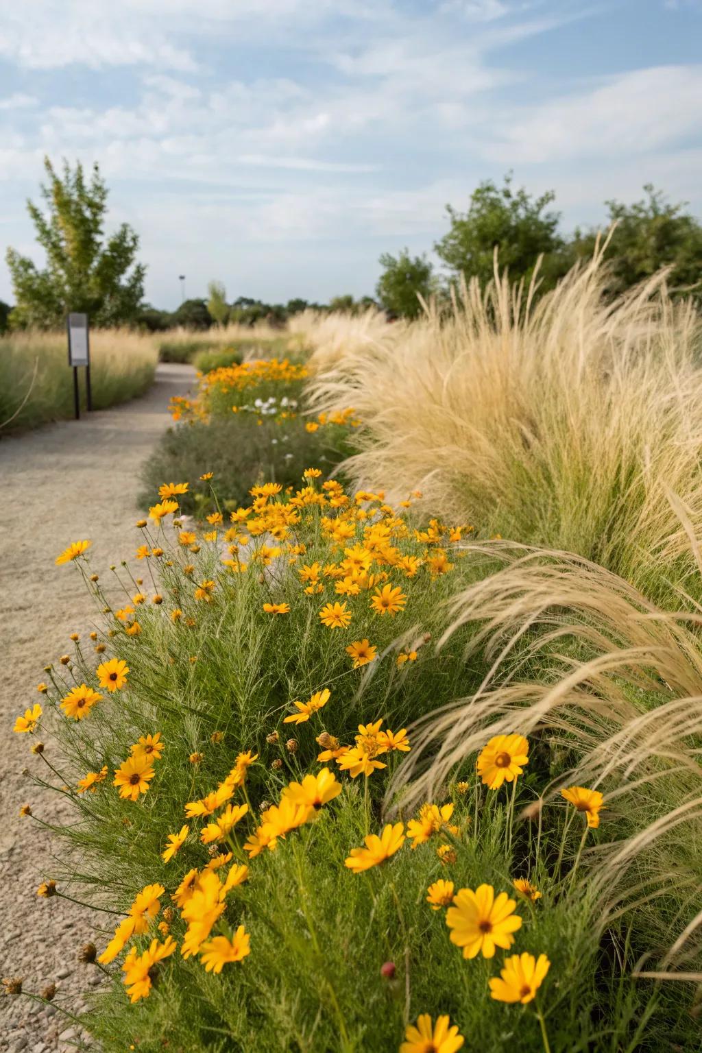 Coreopsis brings a cheerful touch to Mexican feather grass.