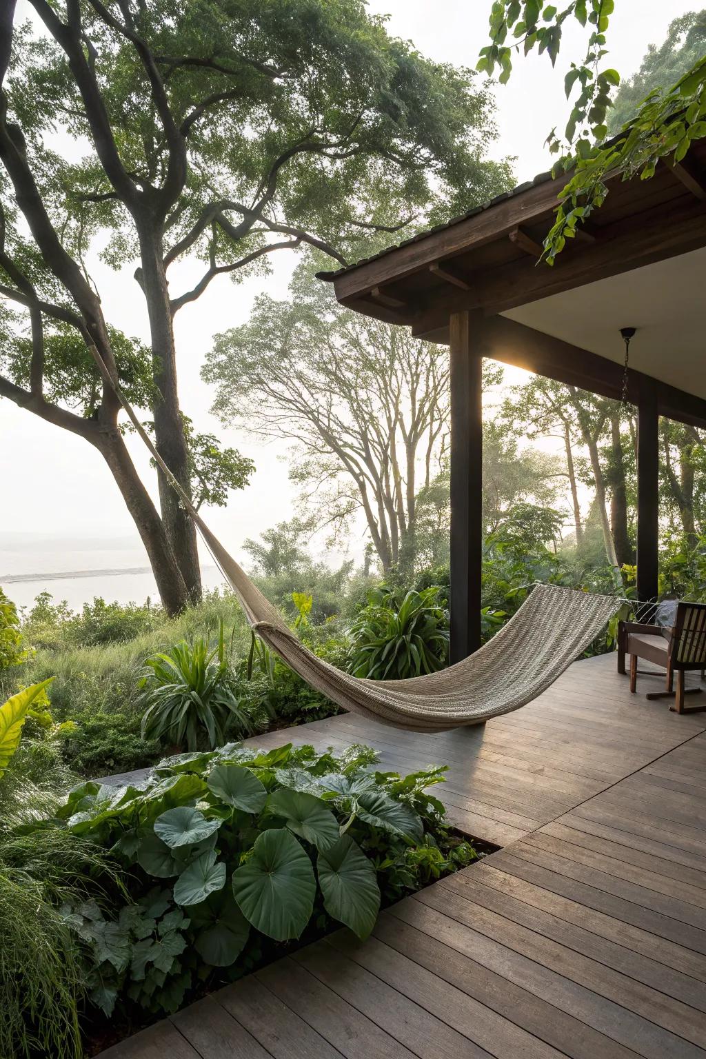 A hammock provides a perfect spot for relaxation.