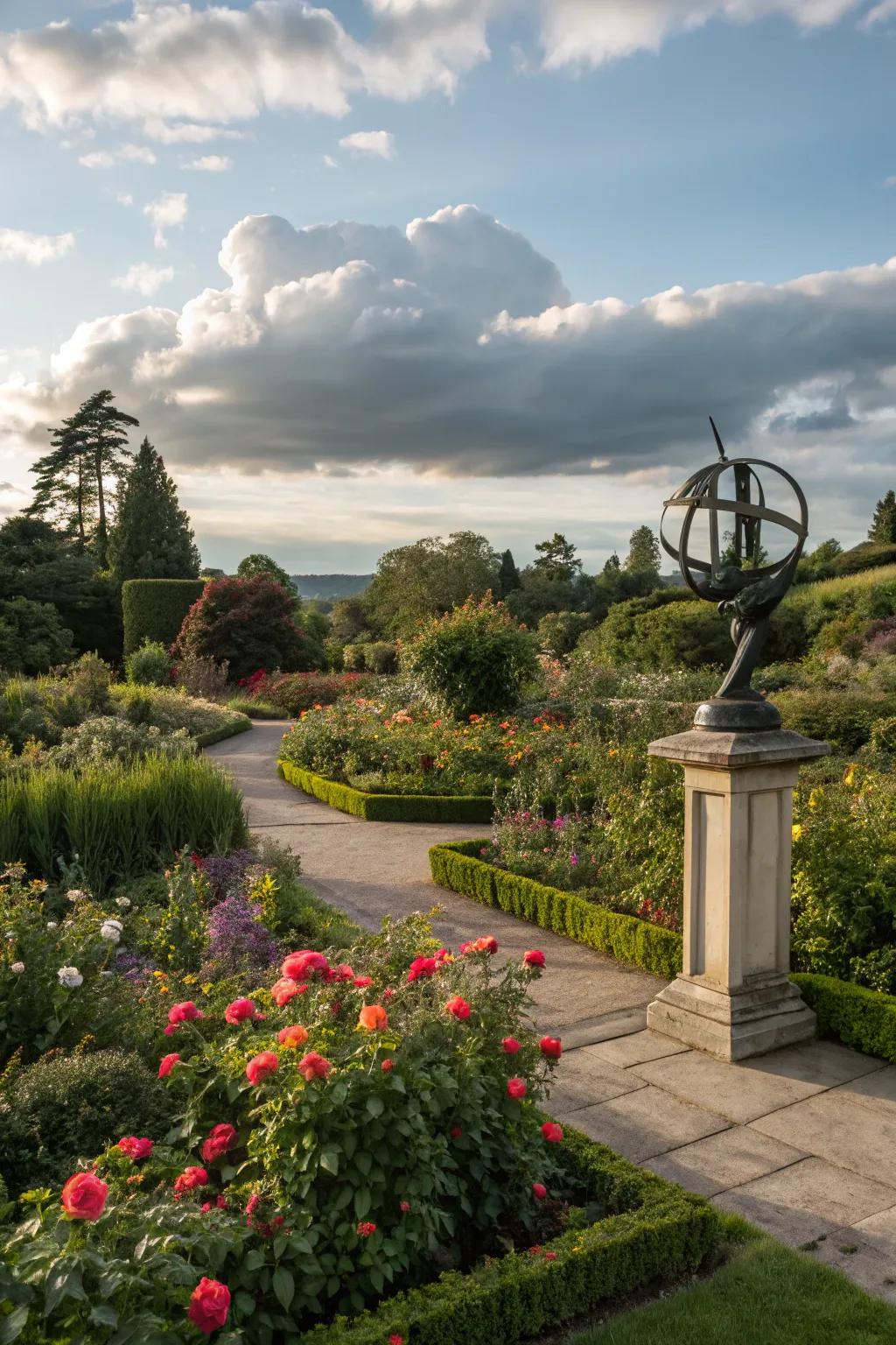 A bold sculpture serves as a striking focal point in this garden.