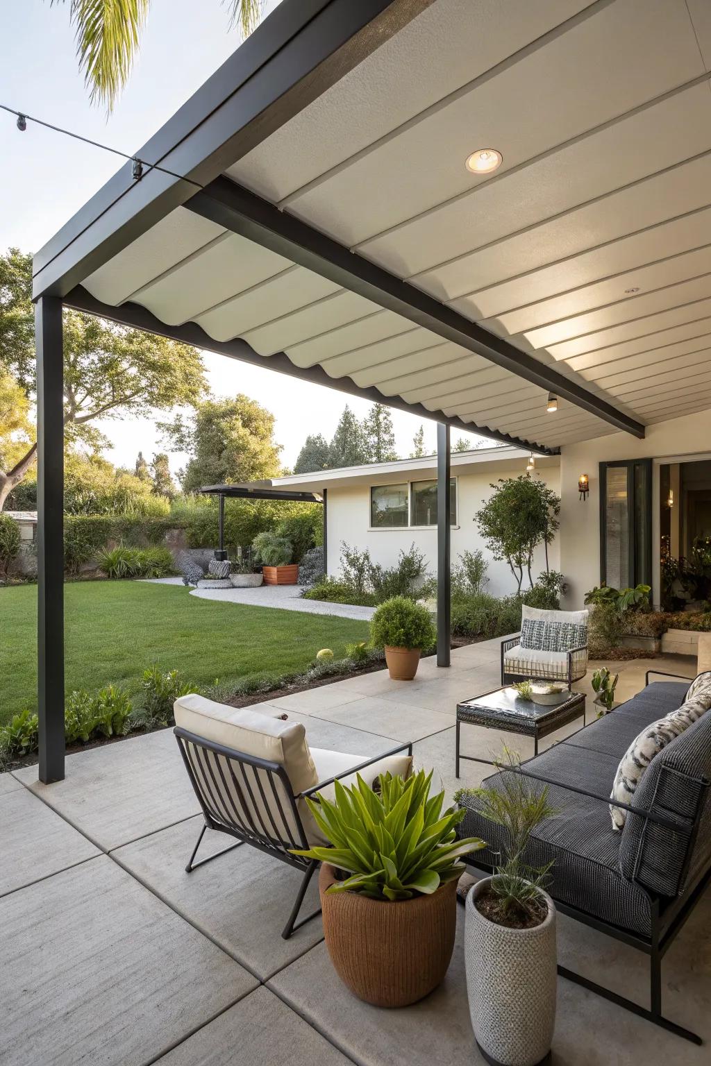 An awning offers shade and makes this patio usable year-round.