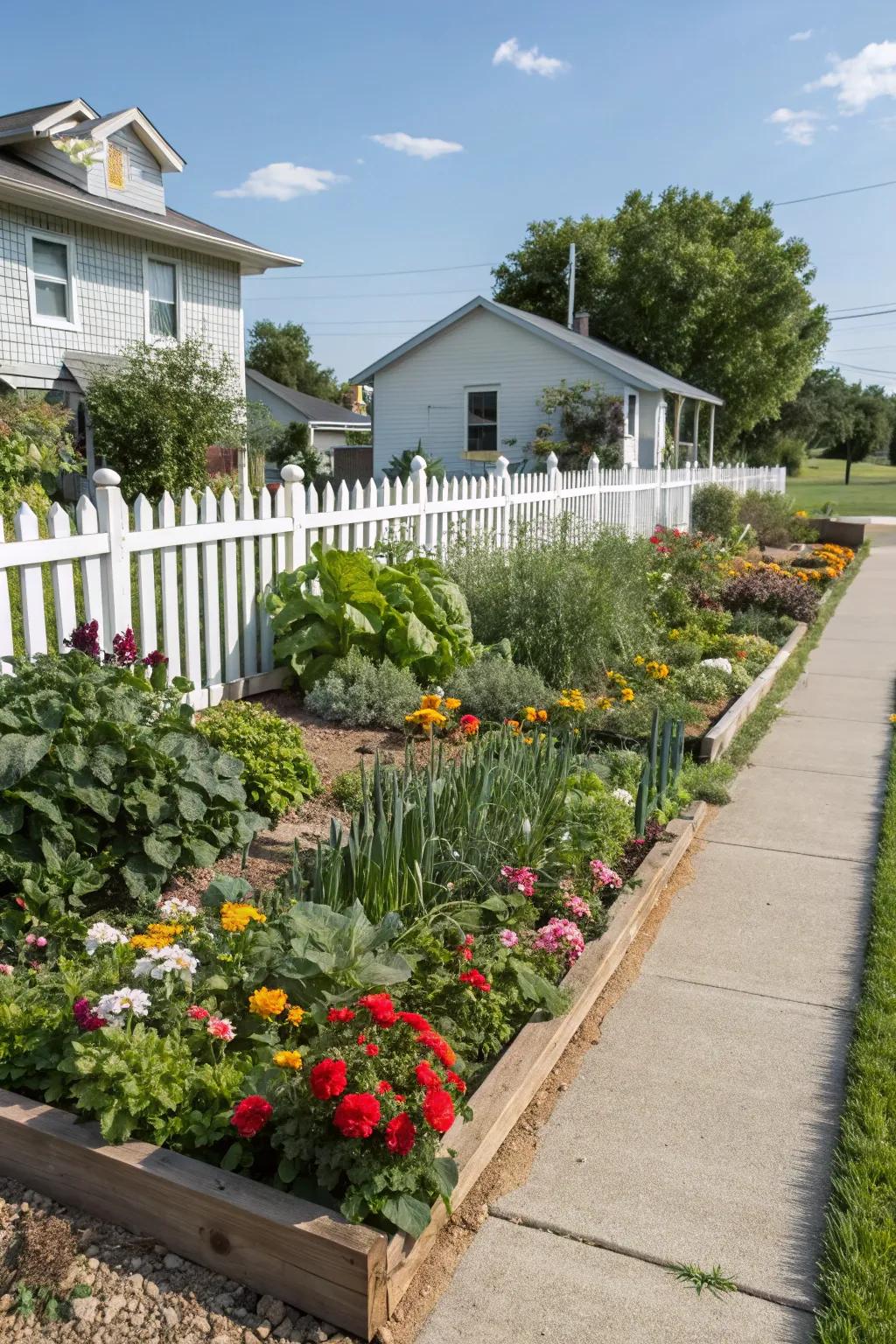 Integrated vegetables offer both beauty and practicality in this Midwest front yard.