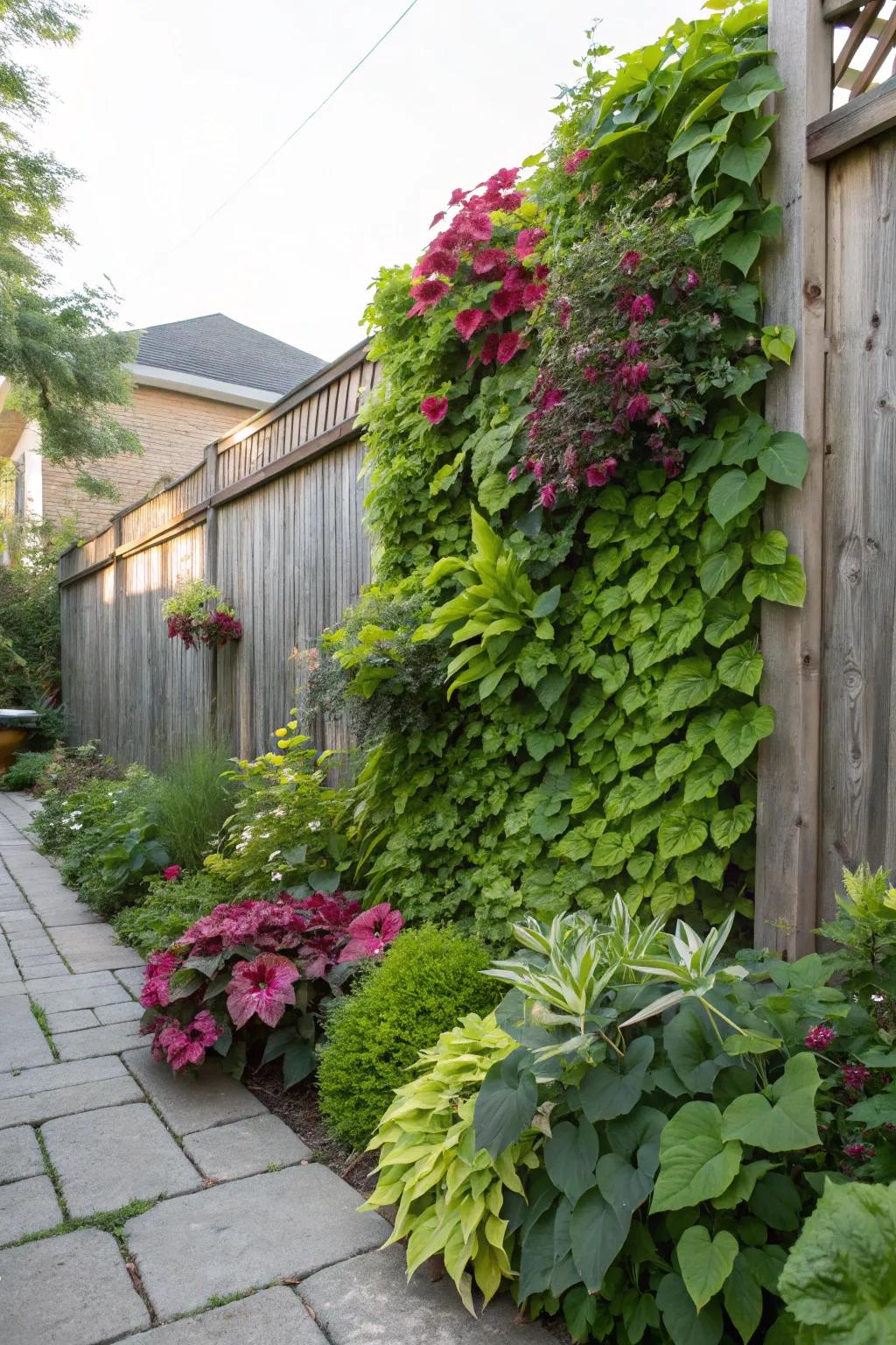 Vertical gardens add greenery and art.
