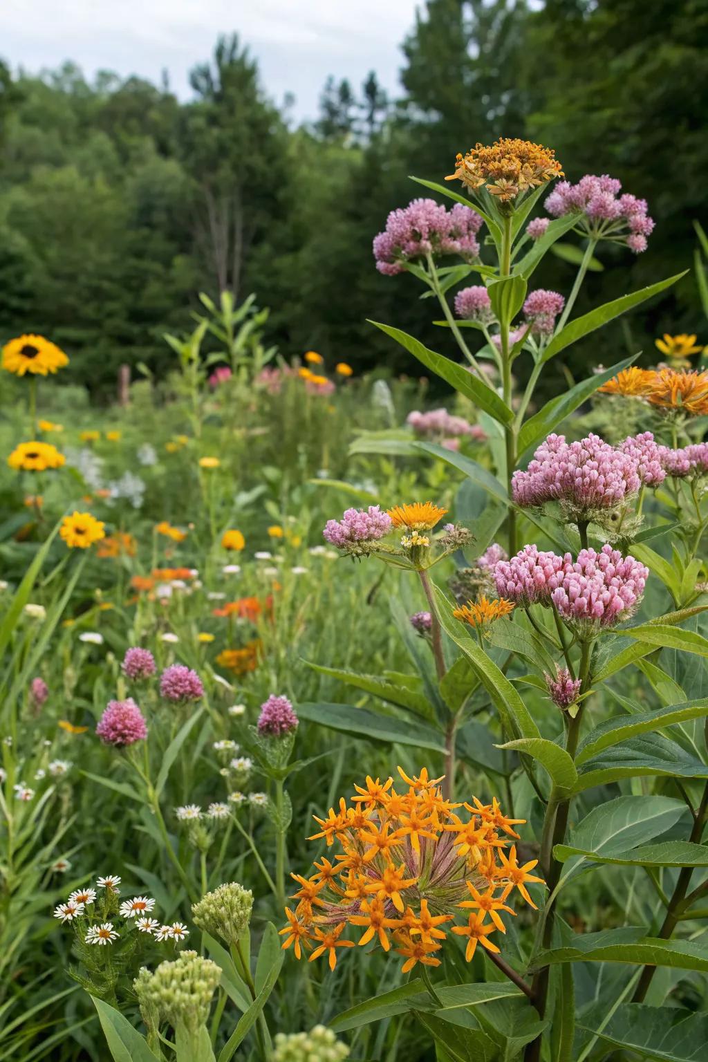 A harmonious garden with milkweed and native companions.
