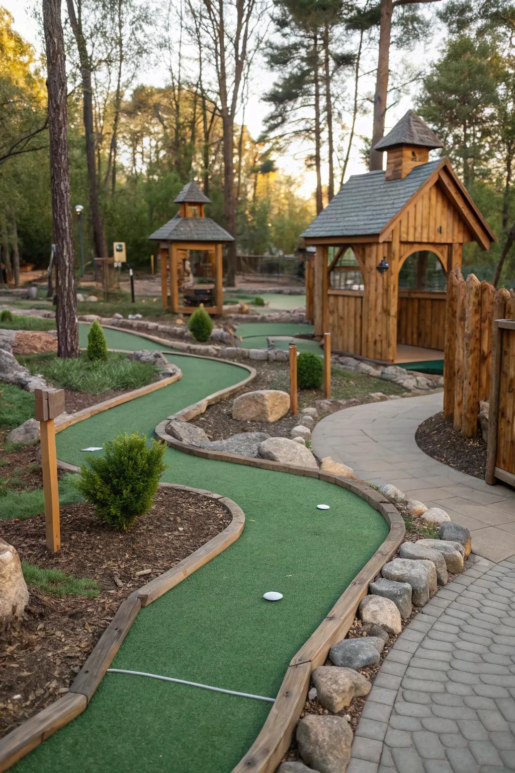 An eco-conscious mini golf course using sustainable materials for an environmentally friendly design.
