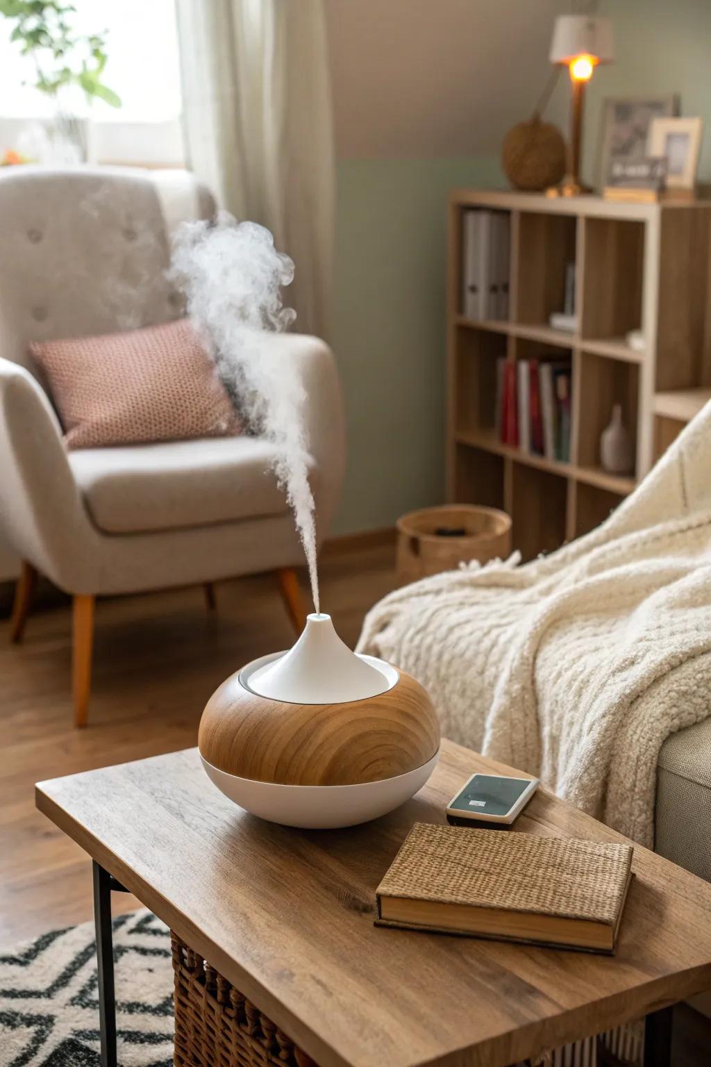 An essential oil diffuser fills your space with tranquility.