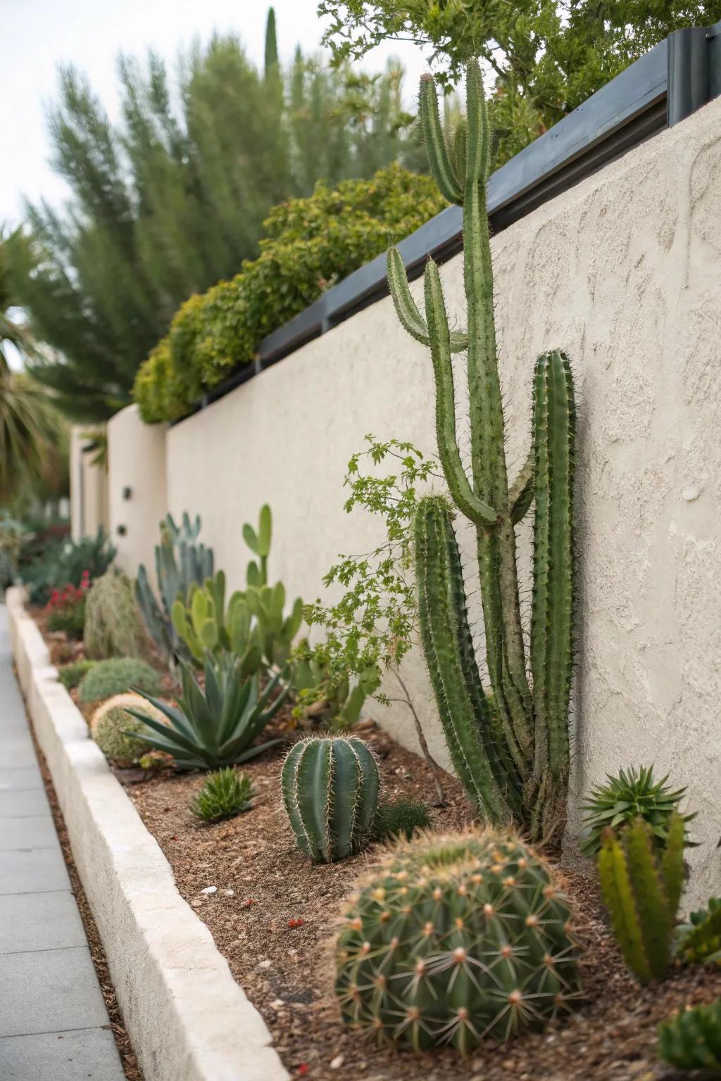 Stucco walls complementing the rustic appeal of cacti.