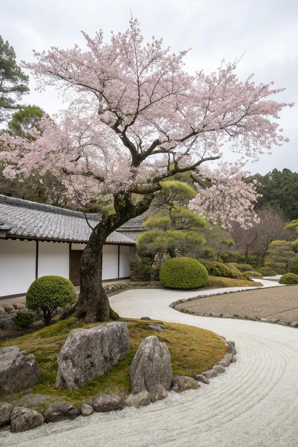 Cherry blossoms add a touch of seasonal beauty to the garden.