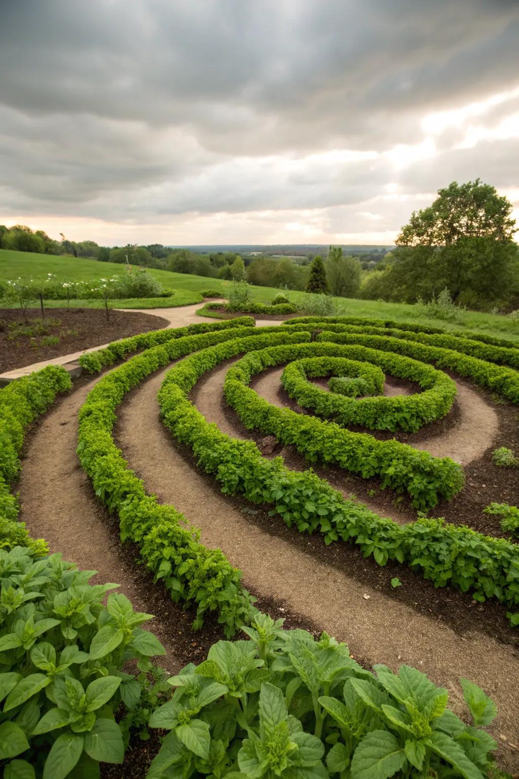 An artistic spiral garden featuring mint.