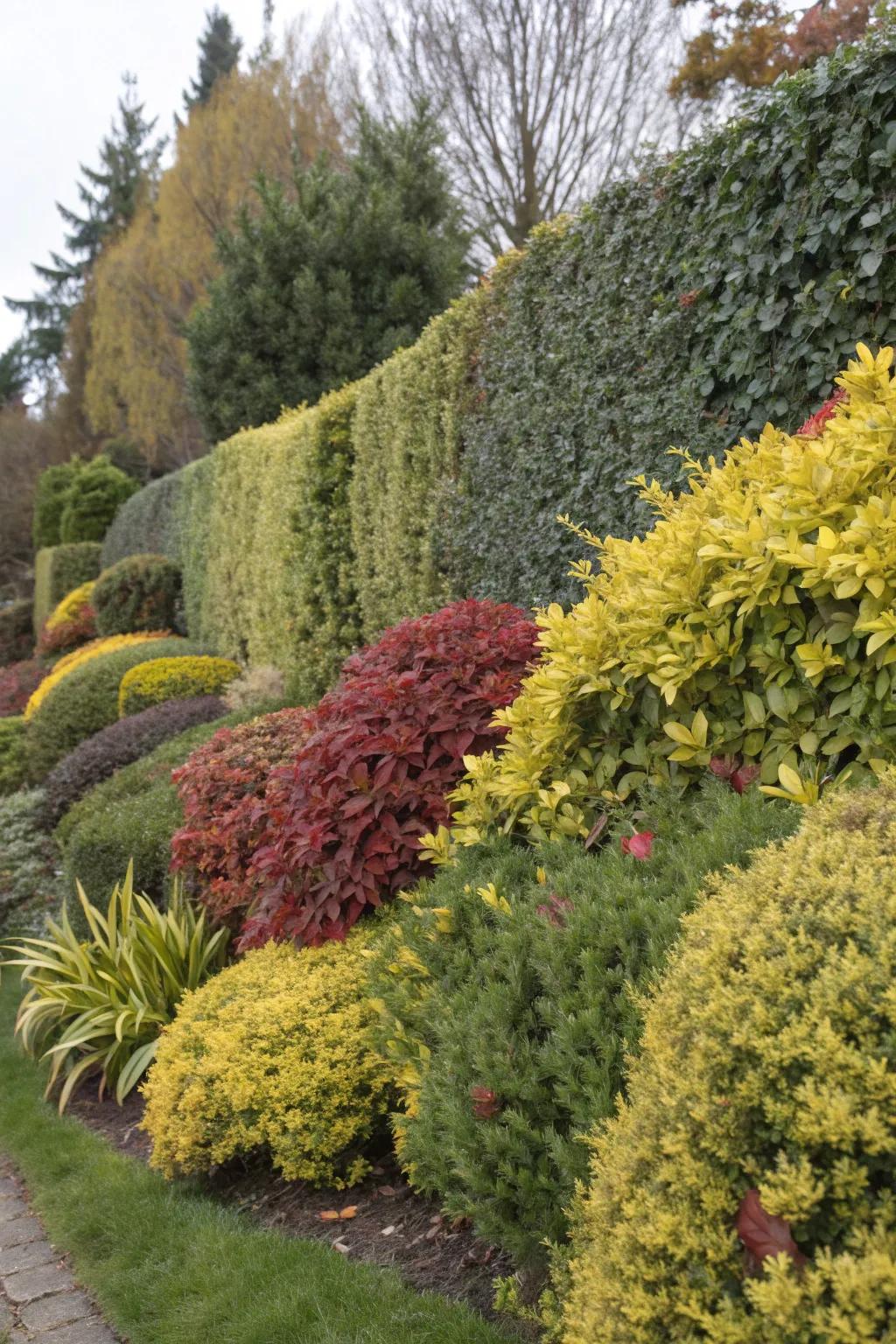 A mixed hedge with contrasting colors and forms.