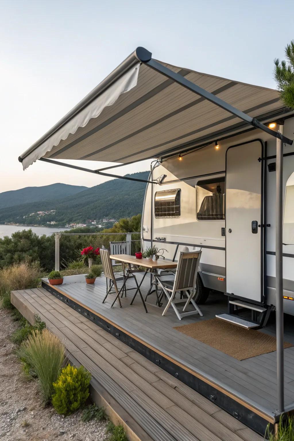 Awnings offer shade and chic style to outdoor spaces.